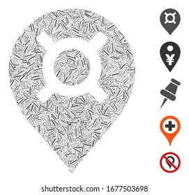Mosaico de escote basado en el icono del marcador de mapa de moneda. El marcador de mapa de la divisa del vector mosaico se compone de elementos de rayado dispersos. Se agregan iconos de bonificación.