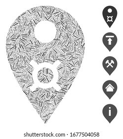Mosaico de escote basado en el icono del marcador de mapa de moneda. El marcador de mapa de la divisa del vector mosaico se compone de puntos de rayado aleatorios. Se agregan iconos de bonificación.