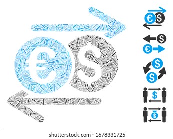 Mosaico Hatch basado en el icono del cambio de moneda. El intercambio de divisas vectorial mosaico se compone de puntos de rayado aleatorios. Se agregan iconos de bonificación.