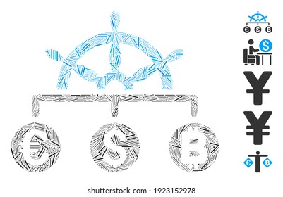 Hatch Mosaic based on currency management icon. Mosaic vector currency management is formed with scattered hatch dots. Bonus icons are added.