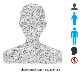 Hatch Mosaic based on customer icon. Mosaic vector customer is created with scattered dash dots. Bonus icons are added.