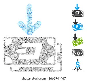 Hatch Mosaic based on Dash banknotes income icon. Mosaic vector Dash banknotes income is designed with random hatch spots. Bonus icons are added.