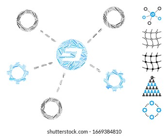 Hatch Mosaic based on Dash network structure icon. Mosaic vector Dash network structure is created with random hatch items. Bonus icons are added.