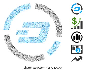 Hatch Mosaic based on Dash pie chart icon. Mosaic vector Dash pie chart is created with random hatch dots. Bonus icons are added.