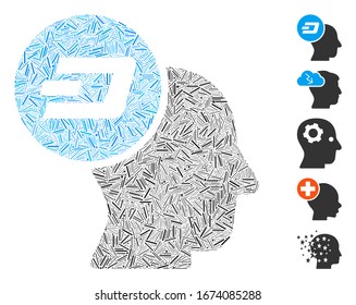 Hatch Mosaic based on Dash thinking head icon. Mosaic vector Dash thinking head is created with scattered line dots. Bonus icons are added.