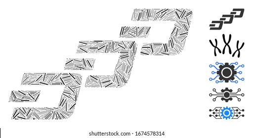 Hatch Mosaic based on Dash chain icon. Mosaic vector Dash chain is formed with randomized hatch spots. Bonus icons are added.