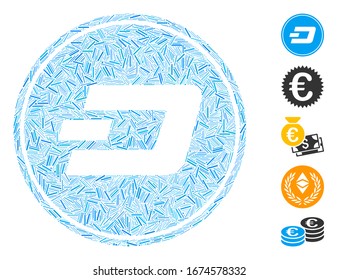 Hatch Mosaic based on Dash coin icon. Mosaic vector Dash coin is composed with randomized hatch elements. Bonus icons are added.
