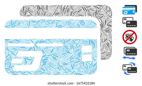 Hatch Mosaic based on Dash bank cards icon. Mosaic vector Dash bank cards is designed with random hatch dots. Bonus icons are added.