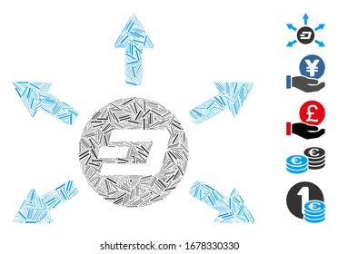 Mosaico Hatch basado en el icono de flechas de pago de monedas Dash. Vector mosaico Las flechas de pago de monedas Dash se componen de elementos de tramas dispersas. Se agregan iconos de bonificación.