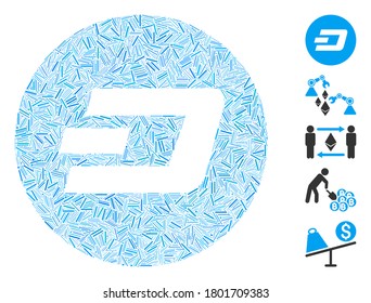 Mosaico de escotilla basado en el icono de la moneda de Dash. Vector de mosaico La moneda de color Dash se compone de manchas de escotilla aleatorias. Se agregan iconos de bonificación.