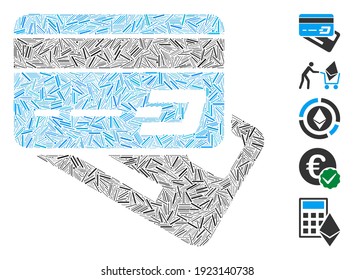 Hatch Mosaic based on Dash banking cards icon. Mosaic vector Dash banking cards is created with random hatch spots. Bonus icons are added.