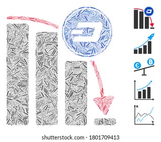 Hatch Mosaic based on Dashcoin epic fail chart icon. Mosaic vector Dashcoin epic fail chart is formed with randomized hatch elements. Bonus icons are added.