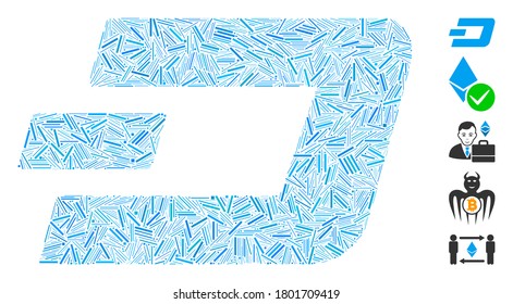 Hatch Mosaic based on Dashcoin icon. Mosaic vector Dashcoin is designed with random hatch items. Bonus icons are added.