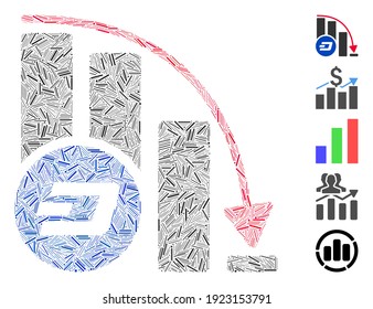 Hatch Mosaic based on Dashcoin falling acceleration chart icon. Mosaic vector Dashcoin falling acceleration chart is formed with random hatch dots. Bonus icons are added.