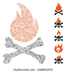 Hatch Mosaic based on death bones flame icon. Mosaic vector death bones flame is composed with randomized hatch dots. Bonus icons are added.
