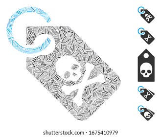 Hatch Mosaic based on death tag icon. Mosaic vector death tag is created with randomized hatch items. Bonus icons are added.