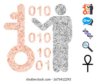 Hatch Mosaic based on decode key icon. Mosaic vector decode key is formed with randomized hatch elements. Bonus icons are added.