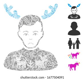 Mosaico de escotilla basado en los ciervos pullover icono del marido. Los venados vectoriales mosaicos pullover marido está compuesto por puntos de escotilla aleatoria. Se agregan iconos de bonificación.