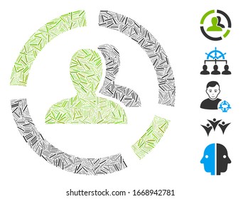 Hatch Mosaic based on demography diagram icon. Mosaic vector demography diagram is designed with random hatch elements. Bonus icons are added.