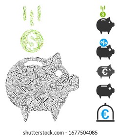 Hatch Mosaic based on deposit piggy bank icon. Mosaic vector deposit piggy bank is created with randomized hatch spots. Bonus icons are added.
