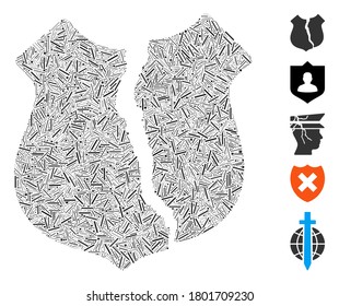 Hatch Mosaic based on destroyed shield icon. Mosaic vector destroyed shield is formed with scattered hatch dots. Bonus icons are added.