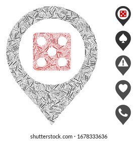 Hatch Mosaic based on dice map marker icon. Mosaic vector dice map marker is designed with random hatch spots. Bonus icons are added.