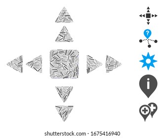 Hatch Mosaic based on direction triangles icon. Mosaic vector direction triangles is composed with randomized line elements. Bonus icons are added.