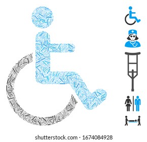 Hatch Mosaic based on disabled person icon. Mosaic vector disabled person is composed with random hatch items. Bonus icons are added.
