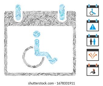 Hatch Mosaic basierend auf dem Kalendertag Behinderter. Der Kalendertag der behinderten Mosaik-Vektorillustration wird mit zufälligen Lukenpunkten erstellt. Bonussymbole werden hinzugefügt.