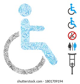 Hatch Mosaic based on disabled person icon. Mosaic vector disabled person is designed with random hatch spots. Bonus icons are added.