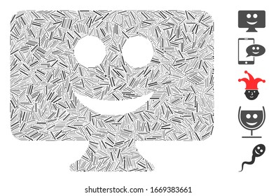 Hatch Mosaic based on display smile icon. Mosaic vector display smile is composed with randomized hatch dots. Bonus icons are added.
