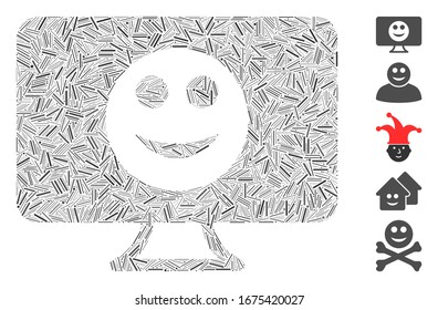 Hatch Mosaic based on display smile icon. Mosaic vector display smile is composed with scattered line elements. Bonus icons are added.
