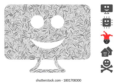 Hatch Mosaic based on display smile icon. Mosaic vector display smile is created with random hatch items. Bonus icons are added.
