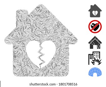 Mosaico de escotilla basado en el ícono del corazón de la casa de divorcio. El corazón de la casa de divorcio con vector mosaico se compone de puntos de escotilla aleatorizados. Se agregan iconos de bonificación.
