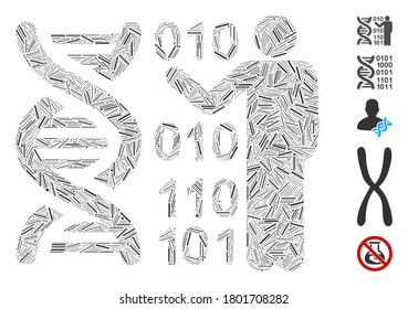 Hatch Mosaic based on DNA research icon. Mosaic vector DNA research is formed with scattered hatch items. Bonus icons are added.