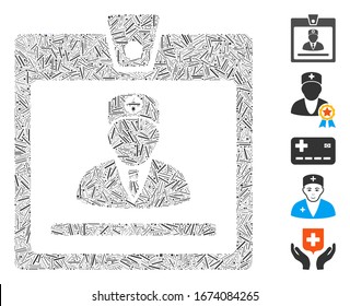 Hatch Mosaic based on doctor badge icon. Mosaic vector doctor badge is composed with random hatch elements. Bonus icons are added.