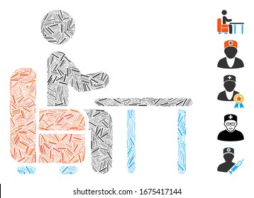 Mosaico del escote basado en el icono médico. El doctor del vector mosaico se forma con puntos de escotilla aleatorizados. Se agregan iconos de bonificación.