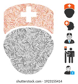Hatch Mosaic based on doctor head icon. Mosaic vector doctor head is designed with random dash dots. Bonus icons are added.