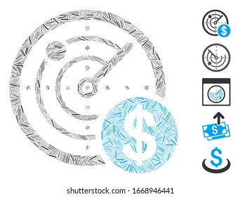 Hatch Mosaic based on dollar radar icon. Mosaic vector dollar radar is composed with scattered hatch dots. Bonus icons are added.