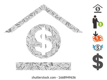 Mosaico del escote basado en el icono del banco del dólar. El banco vectorial de mosaico en dólares está compuesto por artículos de guiones dispersos. Se agregan iconos de bonificación.