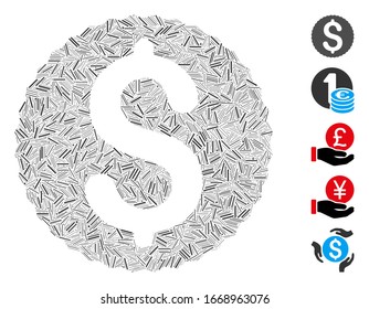 Hatch Mosaic based on dollar coin icon. Mosaic vector dollar coin is designed with randomized hatch elements. Bonus icons are added.