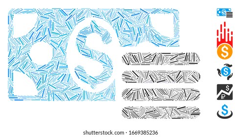 Hatch Mosaic based on dollar cash icon. Mosaic vector dollar cash is composed with randomized hatch elements. Bonus icons are added.