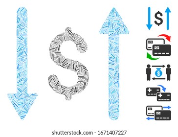 Mosaico Hatch basado en el icono de intercambio de dólares. El intercambio vectorial de dólares mosaico se forma con elementos de línea dispersos. Se agregan iconos de bonificación.