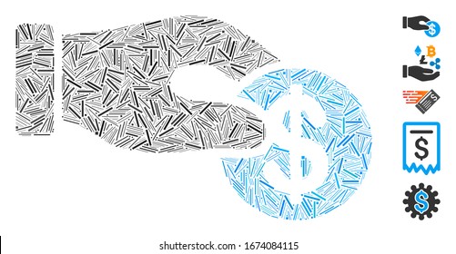 Hatch Mosaic based on dollar donation icon. Mosaic vector dollar donation is created with random hatch dots. Bonus icons are added.