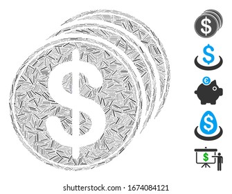 Hatch Mosaic based on dollar coins icon. Mosaic vector dollar coins is created with random hatch elements. Bonus icons are added.