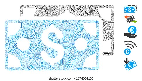 Hatch Mosaic based on dollar banknotes icon. Mosaic vector dollar banknotes is composed with random hatch elements. Bonus icons are added.