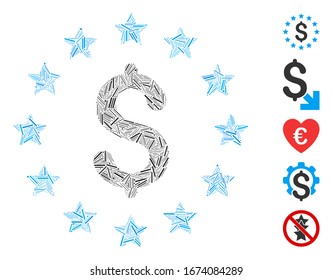 Hatch Mosaic based on dollar stars icon. Mosaic vector dollar stars is formed with random dash items. Bonus icons are added.