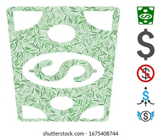 Hatch Mosaic based on dollar banknote icon. Mosaic vector dollar banknote is created with scattered hatch elements. Bonus icons are added.
