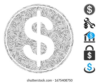 Hatch Mosaic based on dollar coin icon. Mosaic vector dollar coin is designed with scattered hatch elements. Bonus icons are added.
