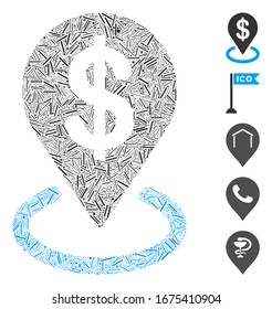 Mosaico de escote basado en el icono de colocación del dólar. La colocación del dólar vectorial mosaico está diseñada con manchas de rayas dispersas. Se agregan iconos de bonificación.